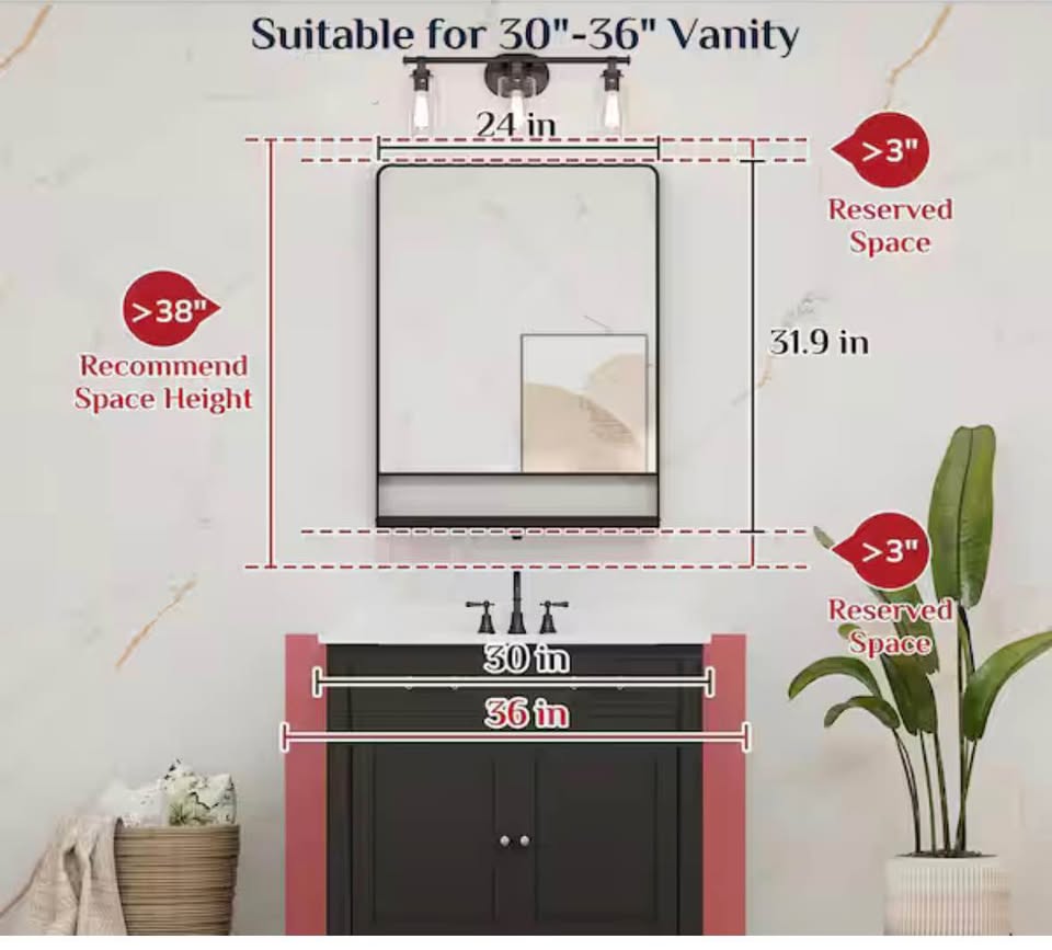 KeonJinn 24x32 Gold Framed Bathroom Mirror w/ Shelf