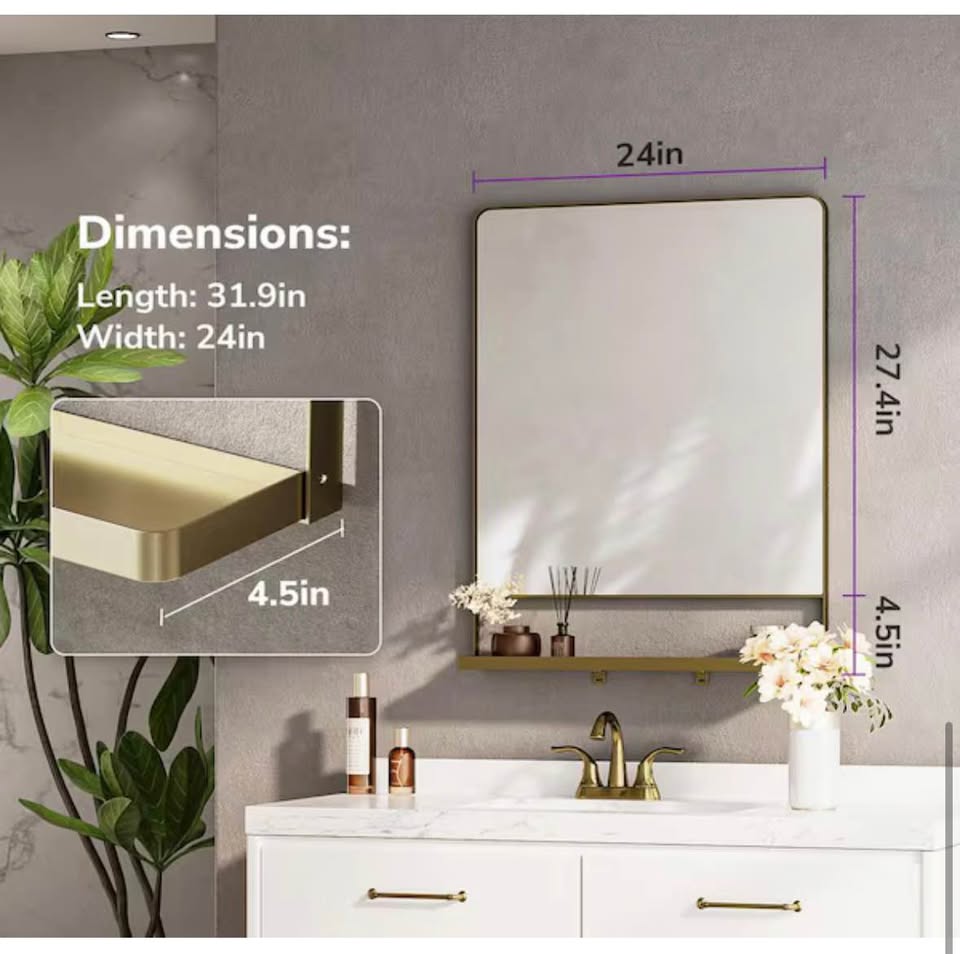 KeonJinn 24x32 Gold Framed Bathroom Mirror w/ Shelf