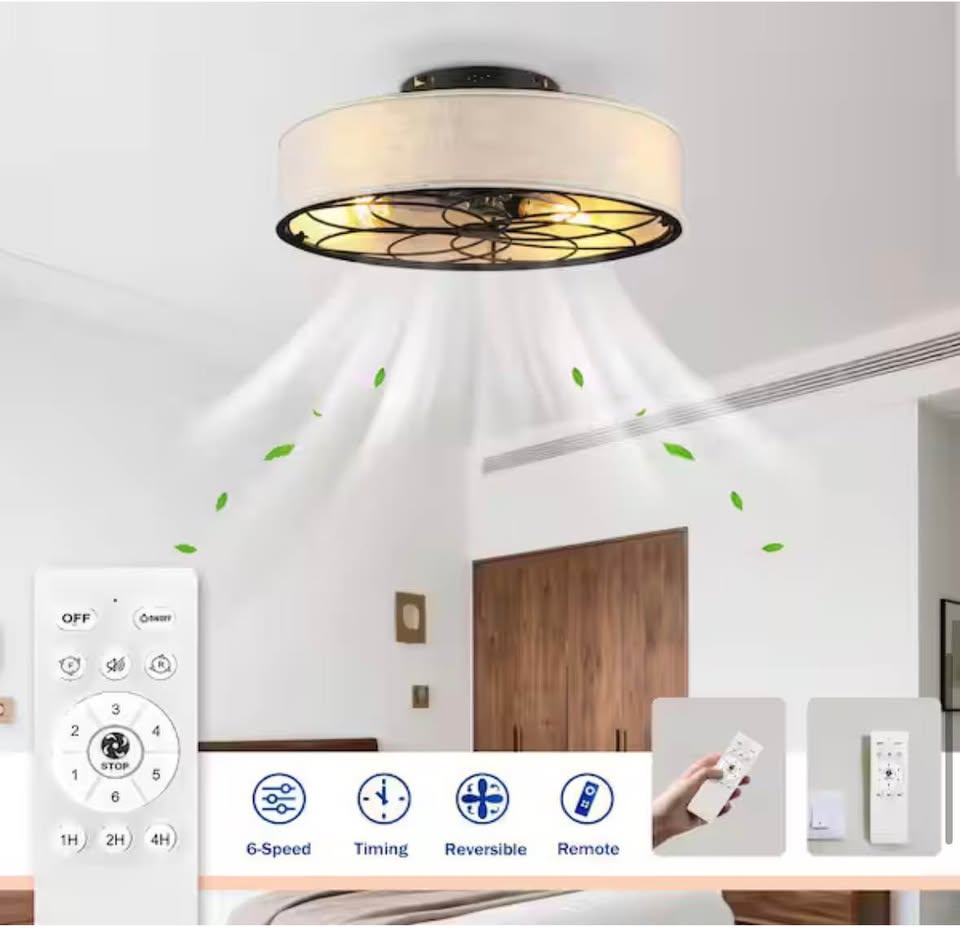 Jushua 20” Beige Caged Ceiling Fan w/ Remote
