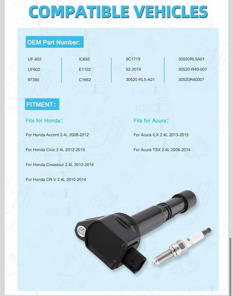 UF602 Ignition Coil Pack & Iridium Spark Plugs Kit 4PCS for Honda & Acura 2.4L