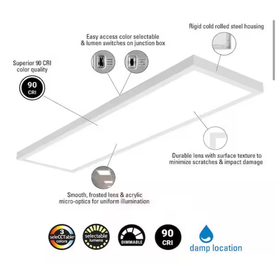 Metalux 1x4 LED Panel Light, Selectable Lumens & CCT