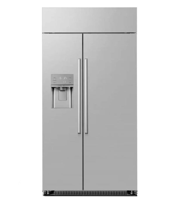 Stainless steel refrigerator with dimensions labeled on a white background
