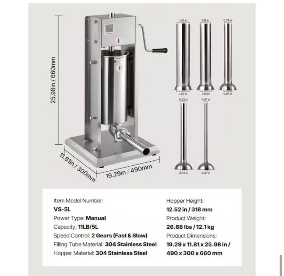 VEVOR 11 lb Vertical Sausage Stuffer, Dual-Speed, Stainless Steel, 5 Tubes
