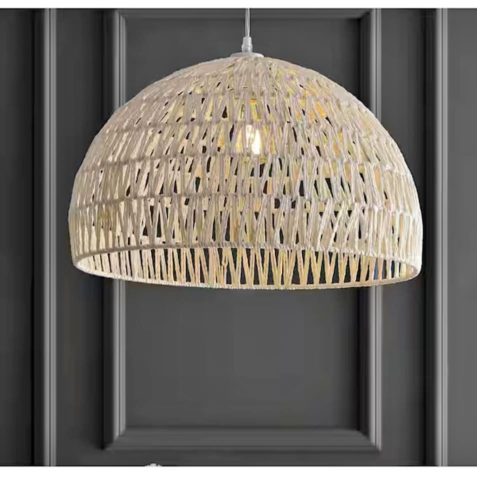 JONATHAN Y Campana 20 in. Woven Rattan Dome LED Pendant-Light, Cream