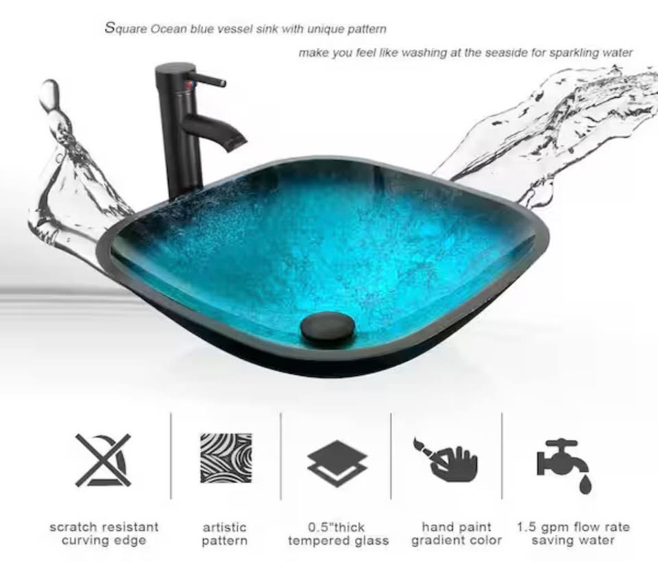eclife 24” Black Bathroom Vanity w/ Turquoise Glass Vessel Sink & Faucet Set