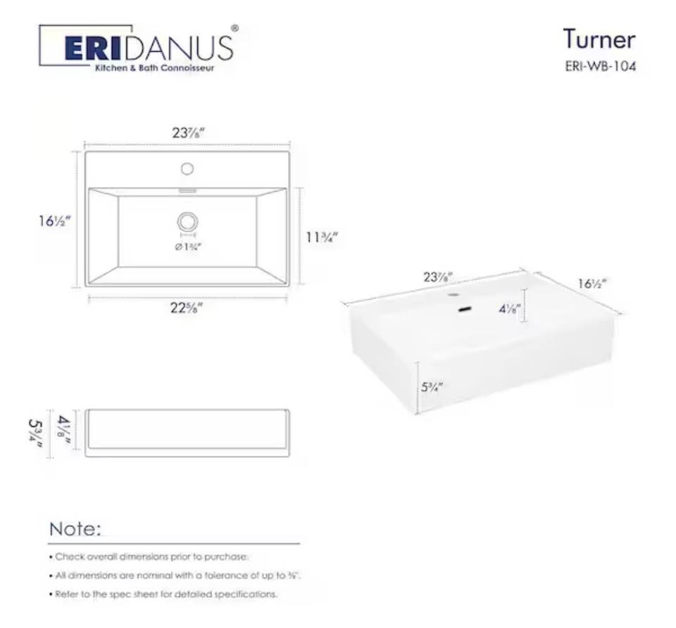 Eridanus 24” x 16” White Wall-Mount Vessel Sink w/ Faucet Hole & Overflow