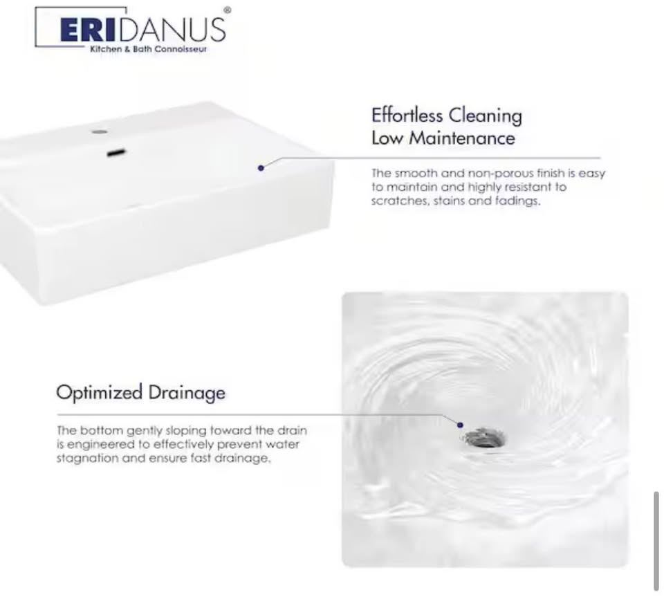Eridanus 24” x 16” White Wall-Mount Vessel Sink w/ Faucet Hole & Overflow