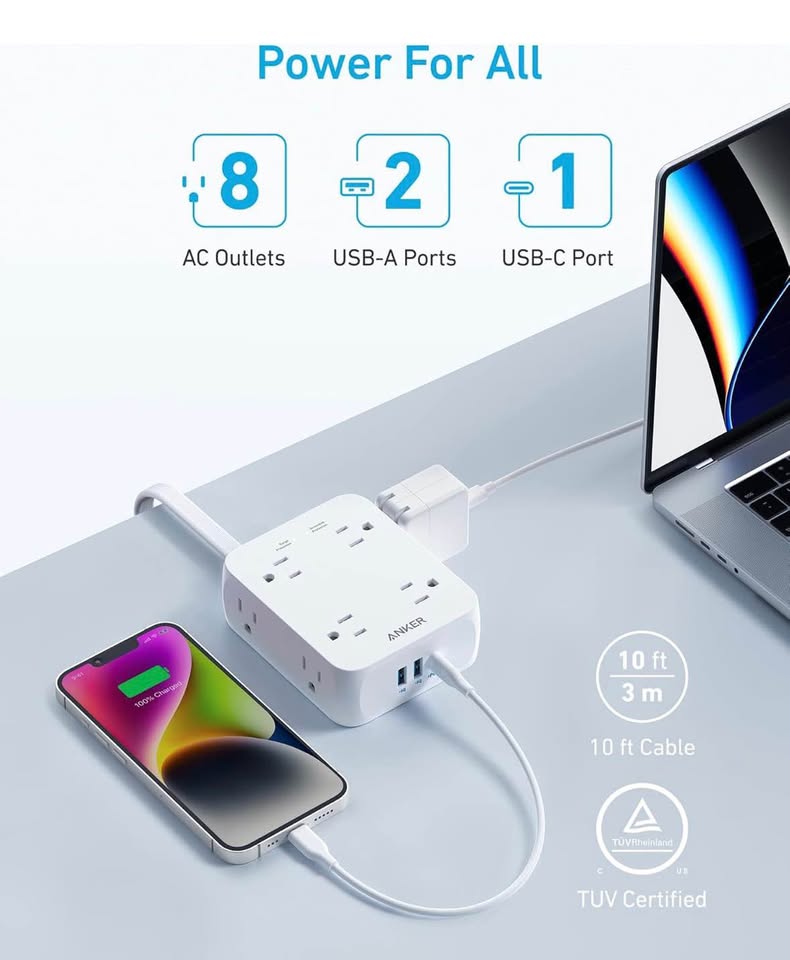 Anker Power Strip Surge Protector – 8 Outlets, USB-C & USB, 10ft Cord