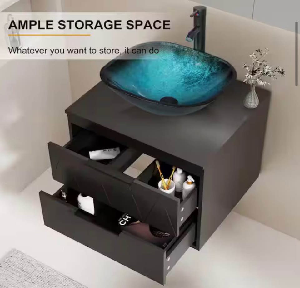 eclife 24” Black Bathroom Vanity w/ Turquoise Glass Vessel Sink & Faucet Set