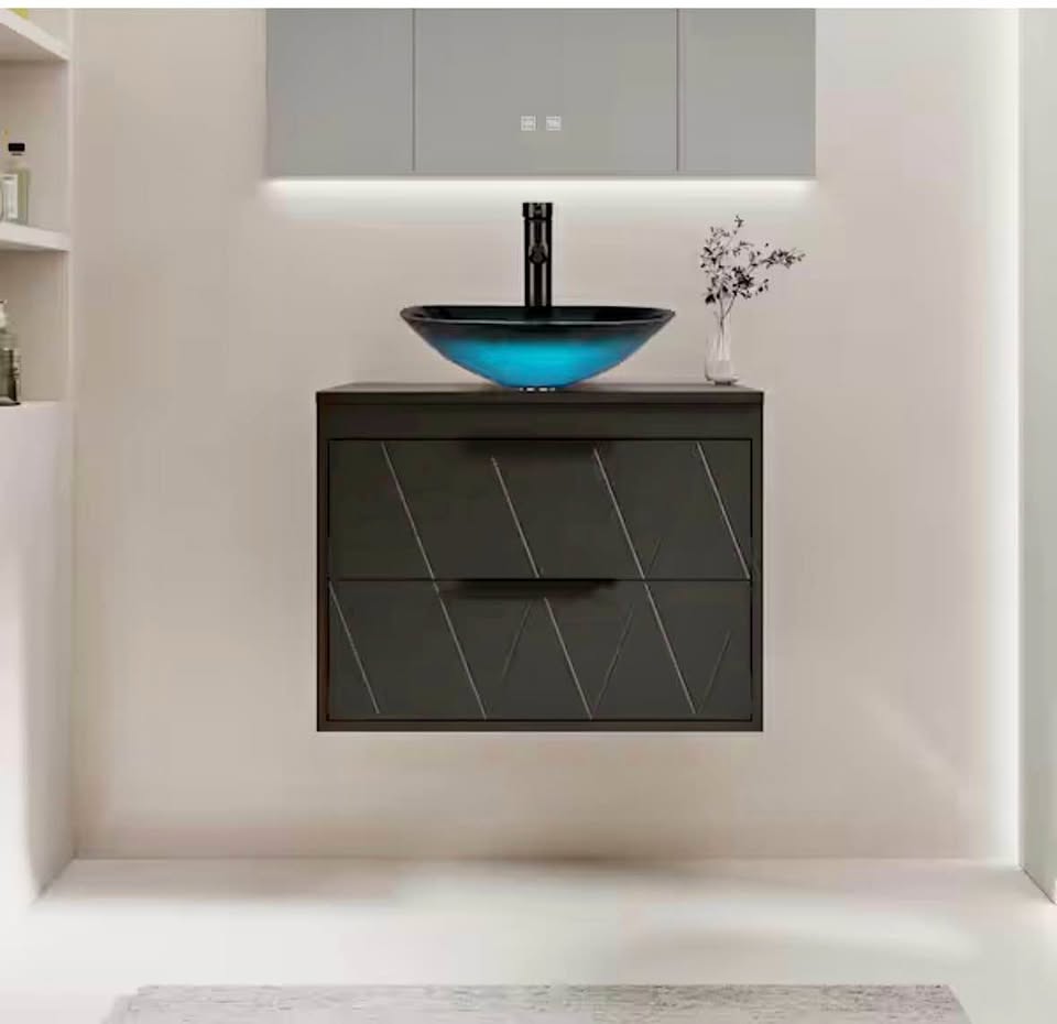 eclife 24” Black Bathroom Vanity w/ Turquoise Glass Vessel Sink & Faucet Set