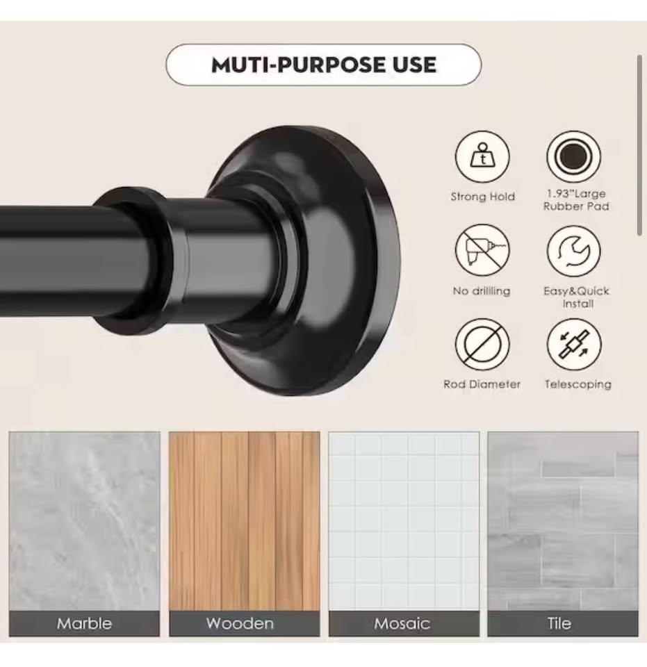 Wudkey 120” Adjustable Black Tension Curtain Rod