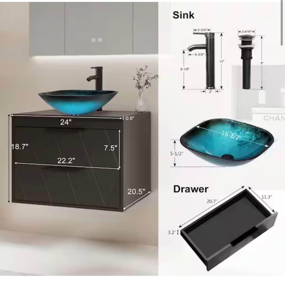 eclife 24” Black Bathroom Vanity w/ Turquoise Glass Vessel Sink & Faucet Set