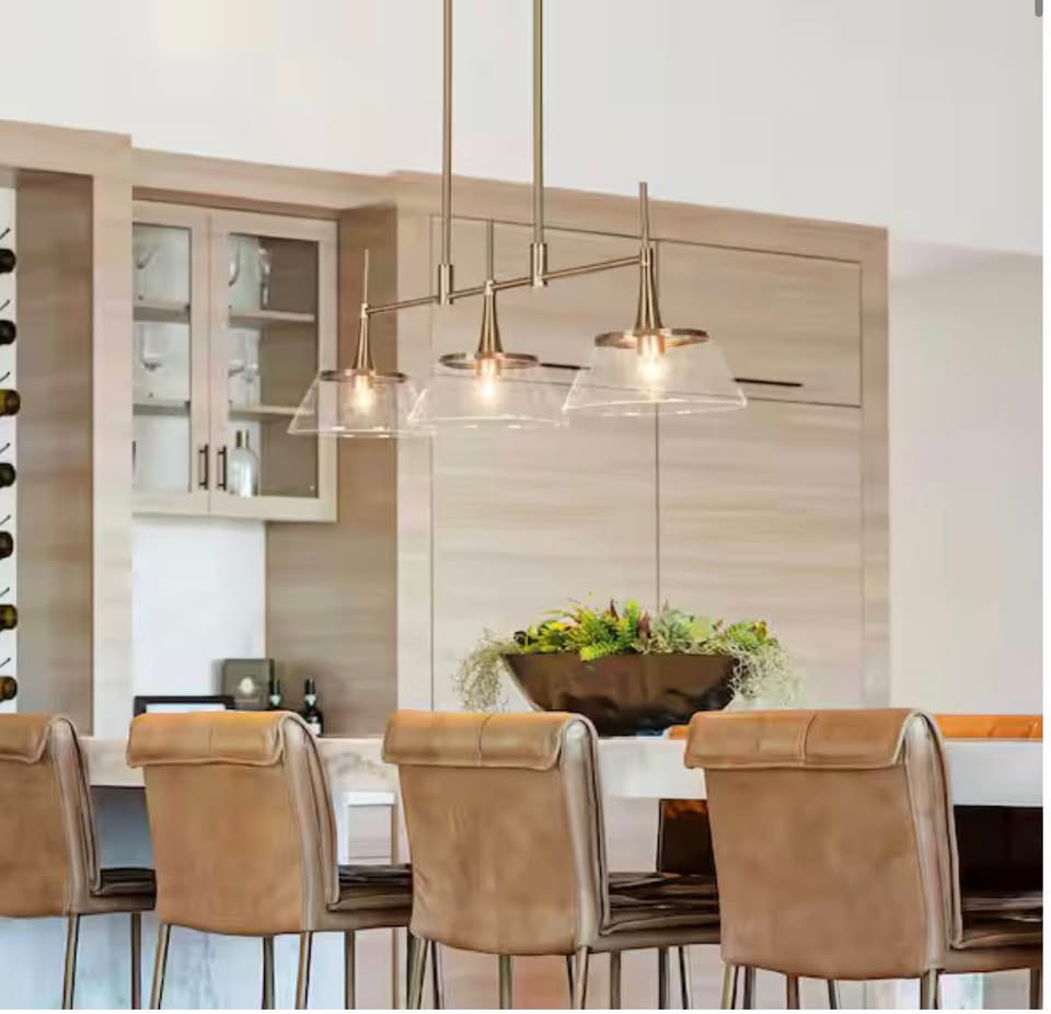 Quoridan 3-Light Brass Linear Island Chandelier with Seeded Glass Shades