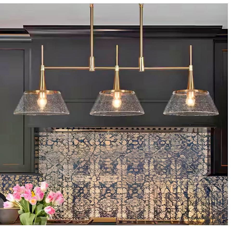Quoridan 3-Light Brass Linear Island Chandelier with Seeded Glass Shades