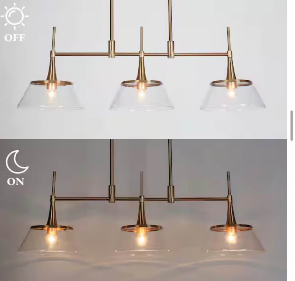 Quoridan 3-Light Brass Linear Island Chandelier with Seeded Glass Shades