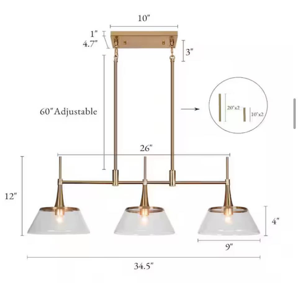 Quoridan 3-Light Brass Linear Island Chandelier with Seeded Glass Shades