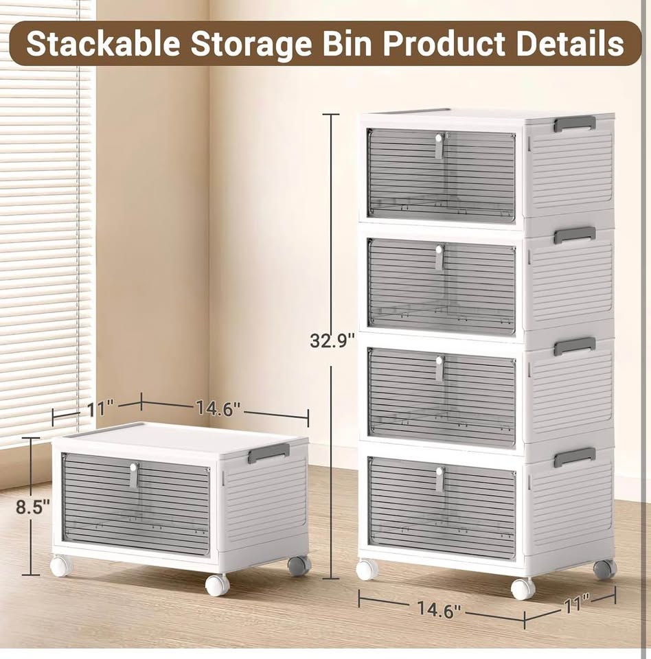 4-Pack 23QT Stackable Storage Bins w/ Lid, Drawers & Wheels, Collapsible