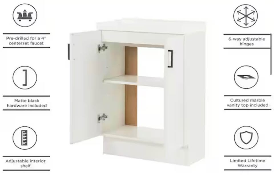 Glacier Bay 25” White Bathroom Vanity w/ Marble Top