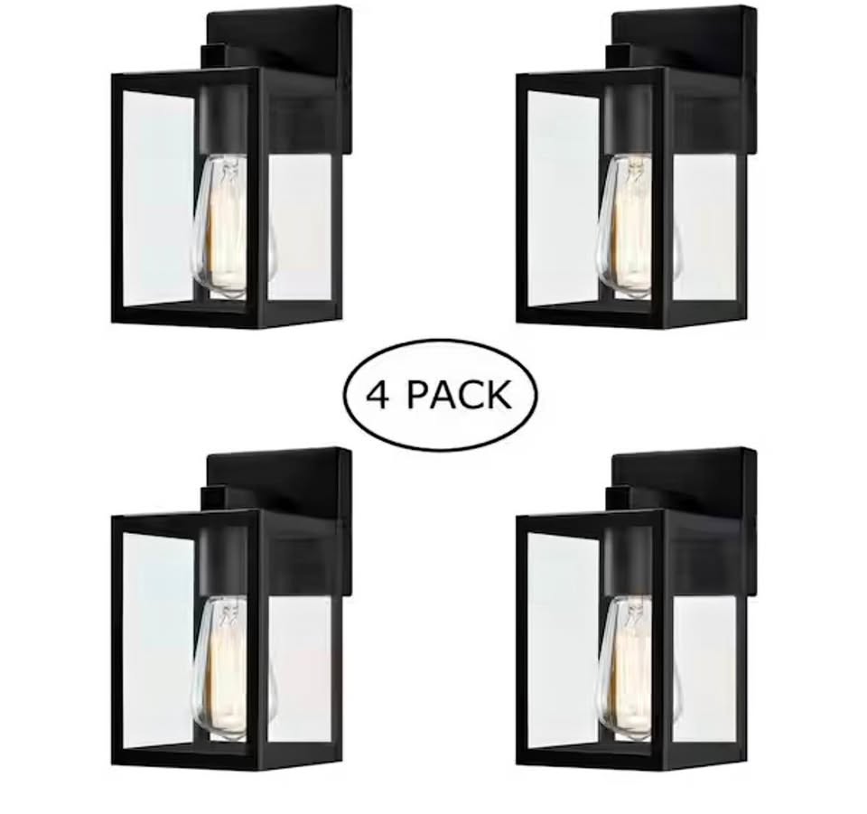 Hukoro 9” Outdoor Wall Lantern Sconce, Black, Clear Glass, 4-Pack