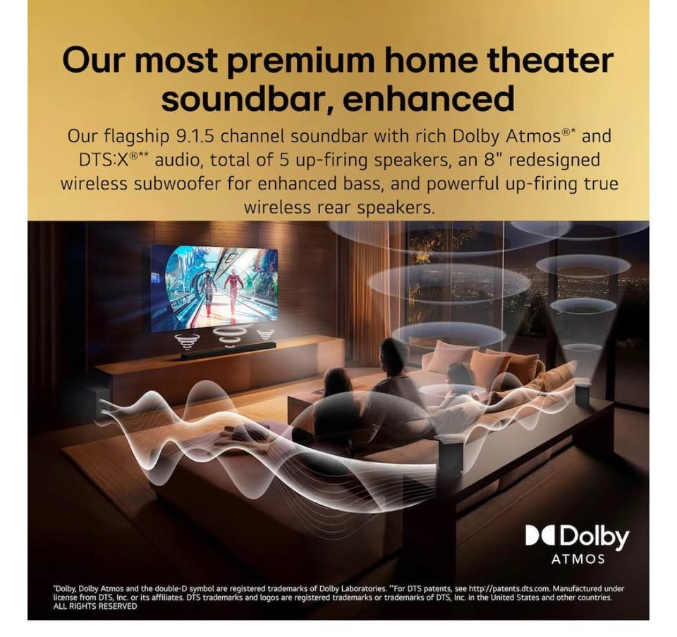 LG S95AR 9.1.5 Dolby Atmos Soundbar w/ Wireless Sub & Rear Speakers