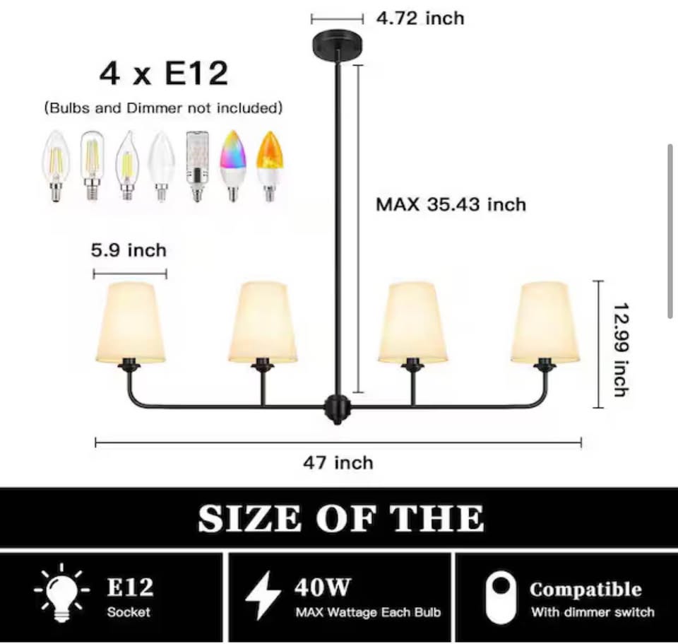 ARISKEEN 47” 4-Light Matte Black Kitchen Island Chandelier