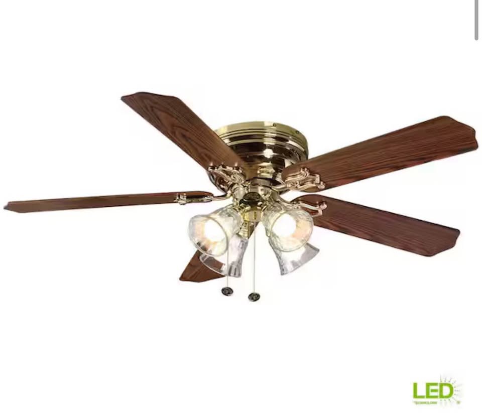 Hampton Bay Carriage House 52” Polished Brass Ceiling Fan w/ LED Light & Reversible Blades