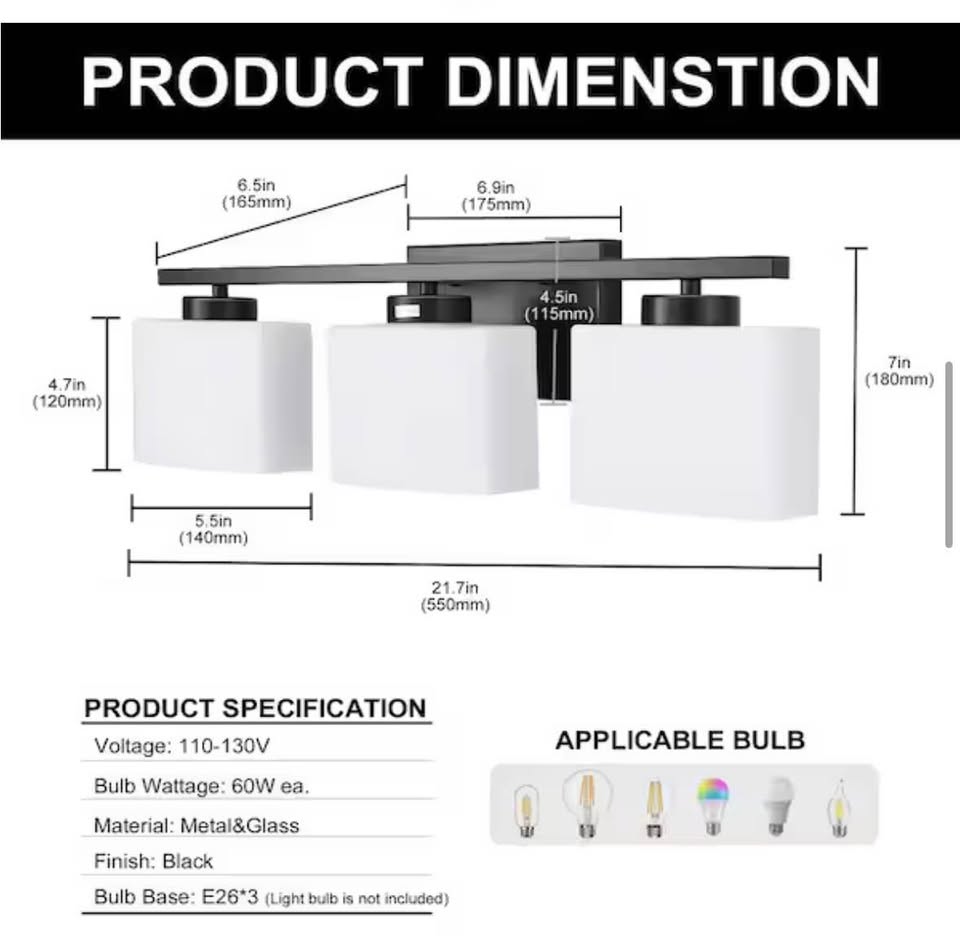 YANSUN 22” 3-Light Matte Black Bathroom Vanity Light
