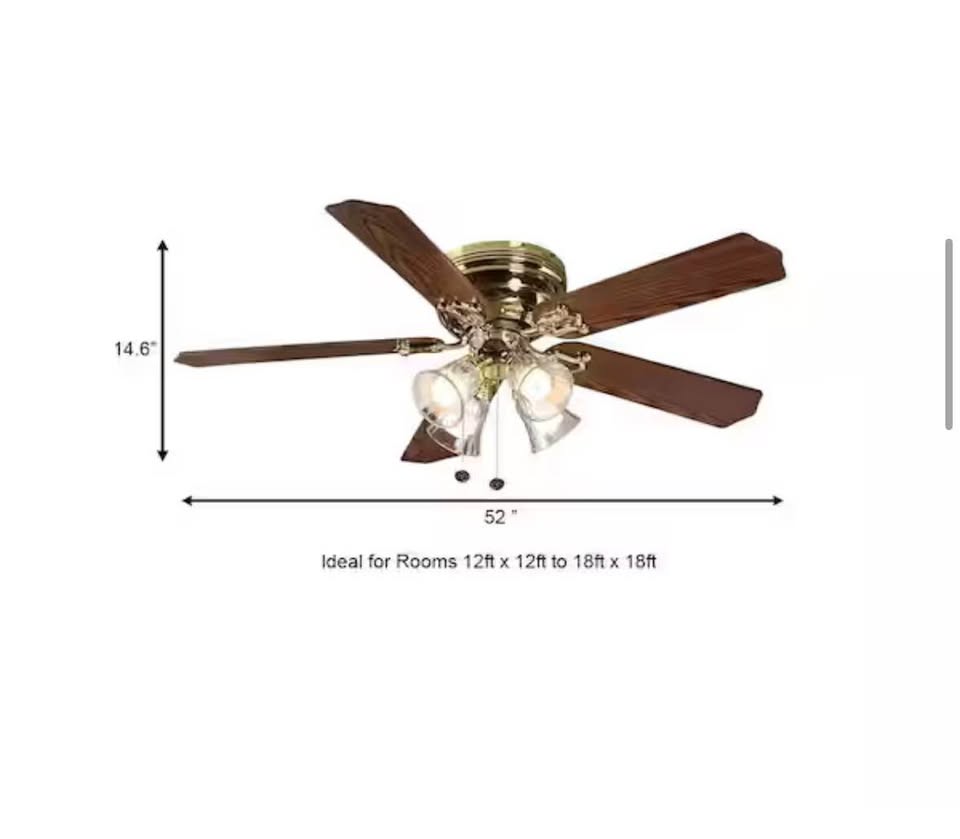 Hampton Bay Carriage House 52” Polished Brass Ceiling Fan w/ LED Light & Reversible Blades