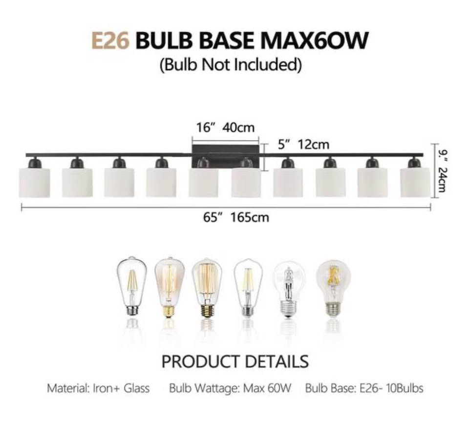 Jushua 65.4” 10-Light Black Modern Vanity Light with Frosted Glass Shades