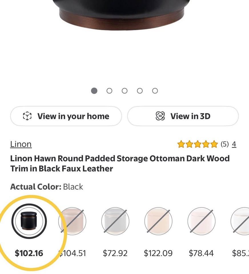 Linon Hawn Round Padded Storage Ottoman Dark Wood Trim in Black Faux Leather