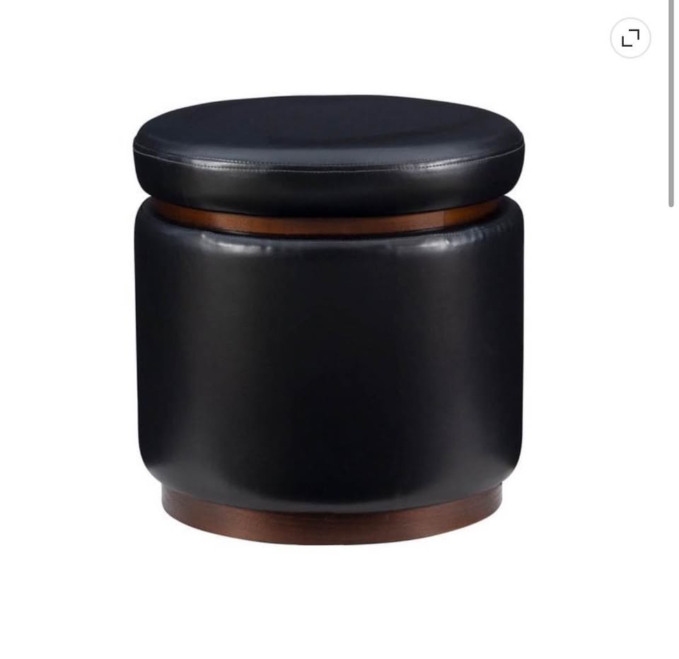 Linon Hawn Round Padded Storage Ottoman Dark Wood Trim in Black Faux Leather