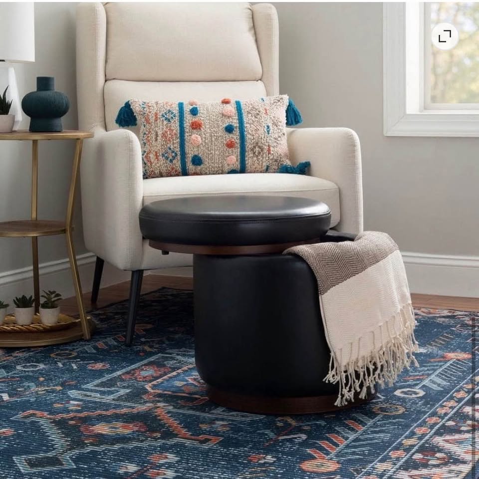 Linon Hawn Round Padded Storage Ottoman Dark Wood Trim in Black Faux Leather
