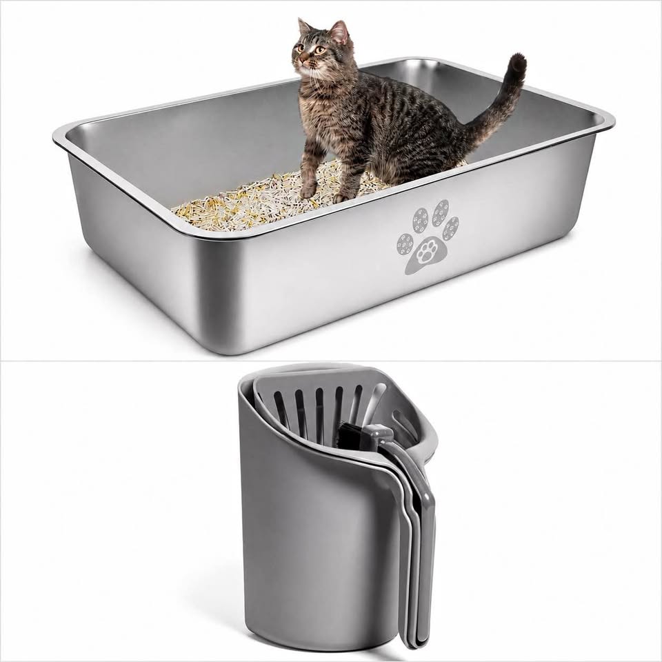 Ptlom Extra Large Stainless Steel Cat Litter Box with Scoop & Holder