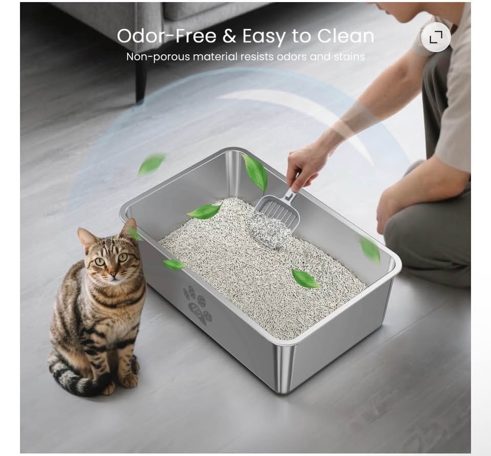 Ptlom Extra Large Stainless Steel Cat Litter Box with Scoop & Holder