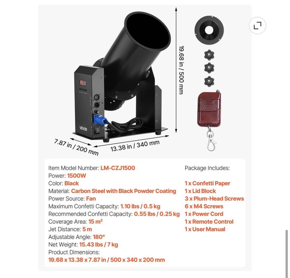VEVOR 1500W Electric Confetti Machine w/ Remote & DMX512 for Events & Parties