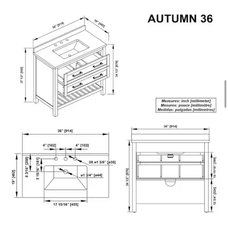 Home Decorators Autumn 36” White Bathroom Vanity Cabinet – No Top