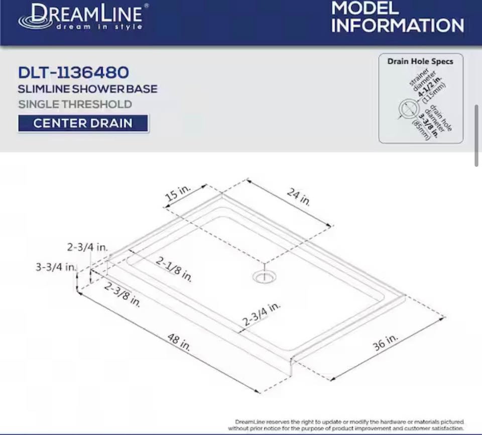 DreamLine 48”x36” White Shower Base w/ Center Drain