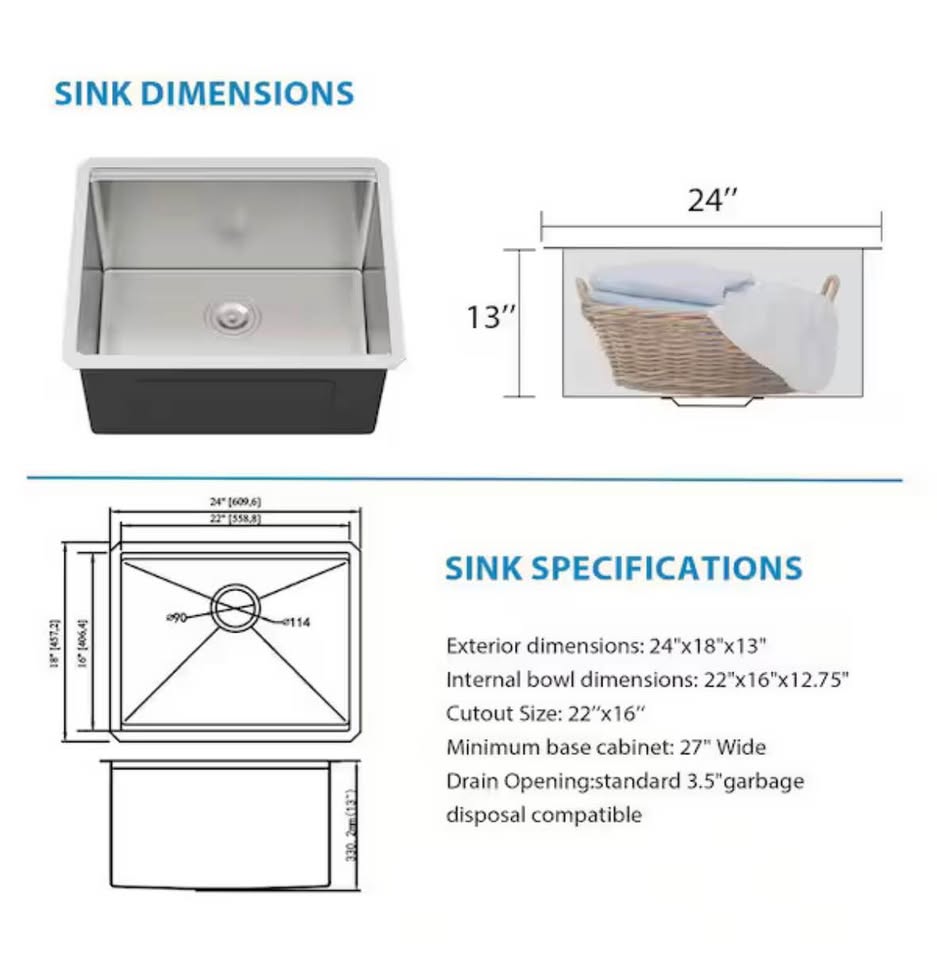 LORDEAR 24” Undermount Stainless Steel Utility Sink w/ Strainer