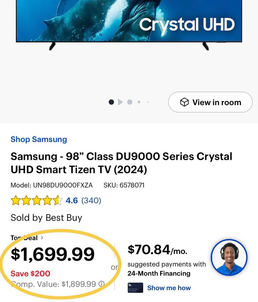 Samsung 98” Crystal UHD Smart TV UN98DU9000FXZA