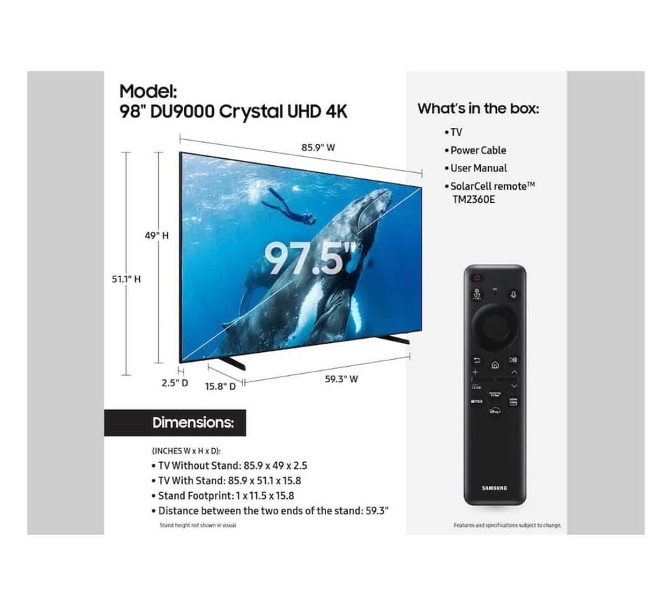 Samsung 98” Crystal UHD Smart TV UN98DU9000FXZA