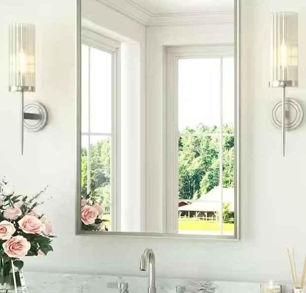 KeonJinn 24x36 Brushed Nickel Framed Bathroom Mirror