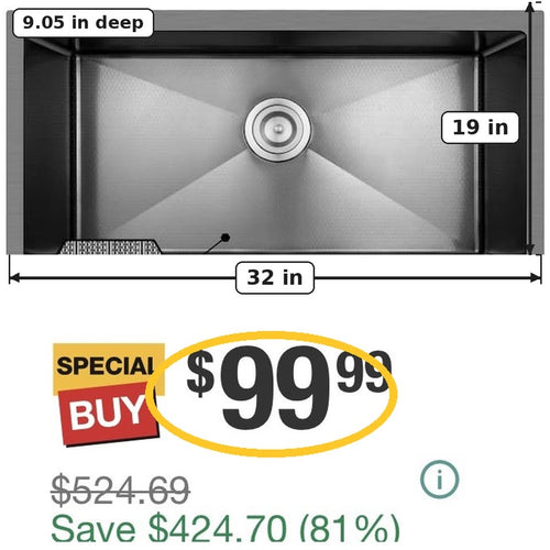 AKDY HEX 32 in. Undermount Single Bowl Gunmetal Black Stainless Steel Kitchen Sink