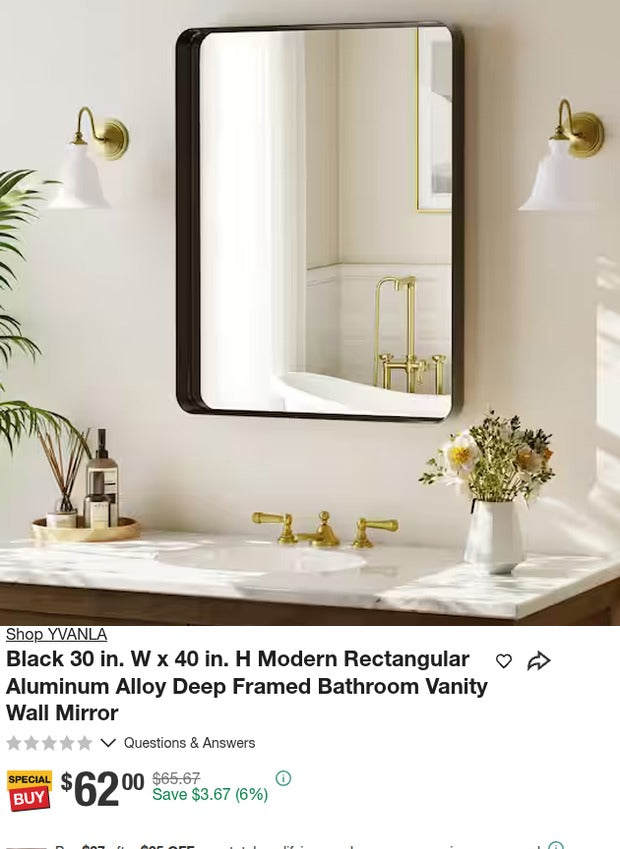 YVANLA 30x40 Black Deep-Framed Bathroom Mirror