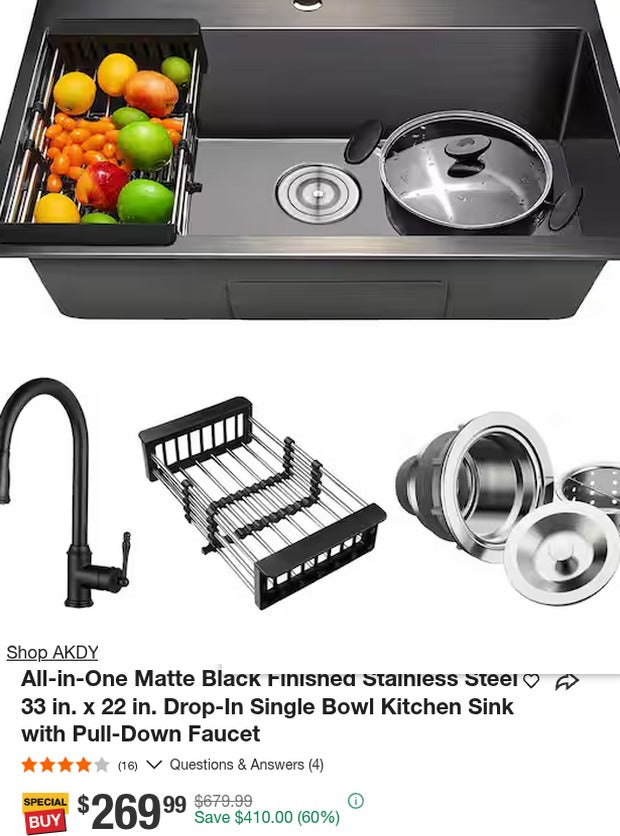 AKDY 33x22 Matte Black Kitchen Sink + Pull-Down Faucet