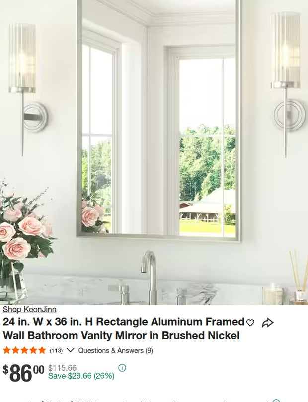 KeonJinn 24x36 Brushed Nickel Framed Bathroom Mirror