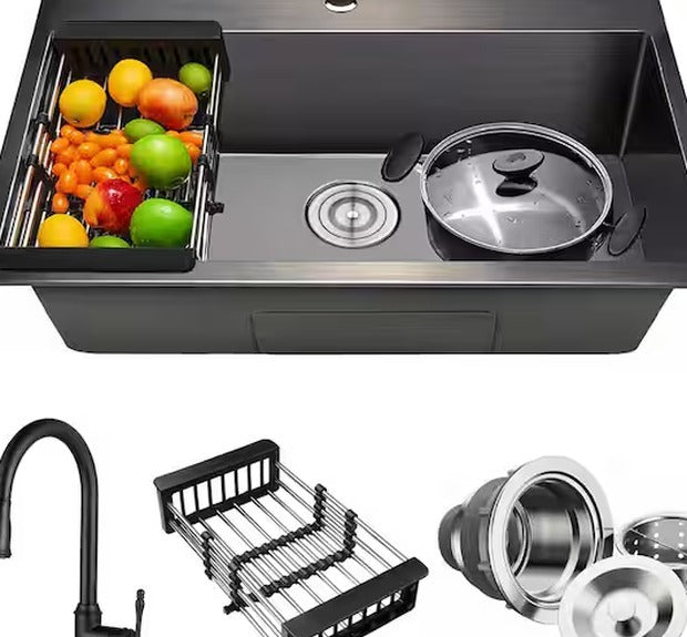 AKDY 33x22 Matte Black Kitchen Sink + Pull-Down Faucet