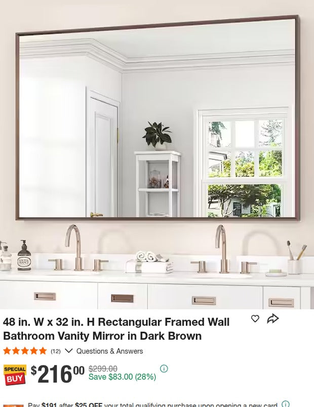 48x32 Framed Dark Brown Bathroom Mirror