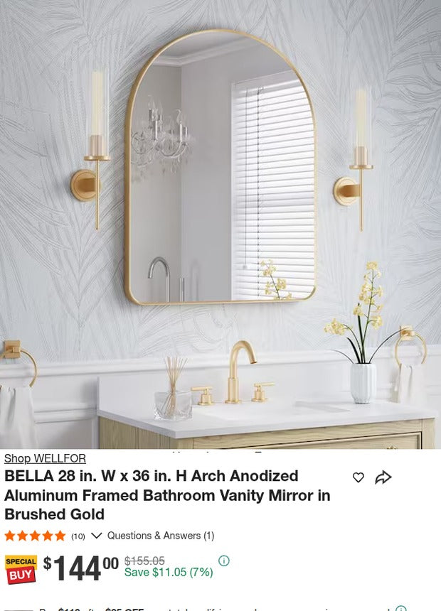 WELLFOR BELLA 28x36 Arch Brushed Gold Bathroom Mirror