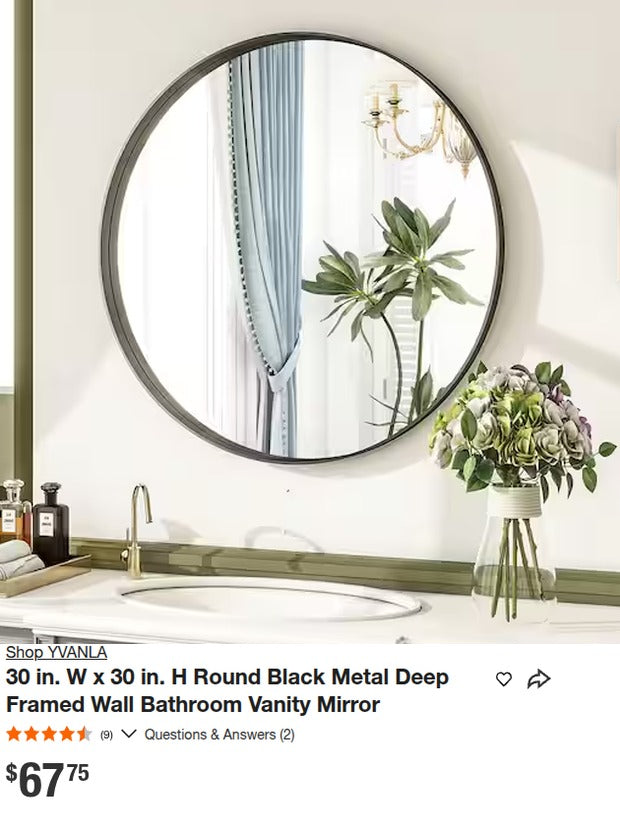 YVANLA 30" Round Black Deep-Framed Bathroom Mirror