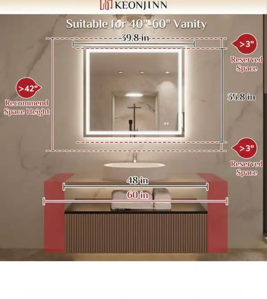 KeonJinn 40x36 Frameless LED Lighted Bathroom Mirror
